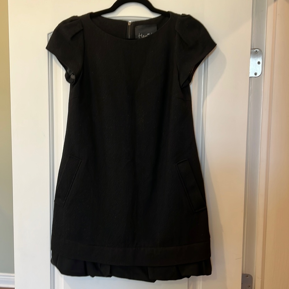 Black Wool Dress With Puff Sleeves and Pockets.